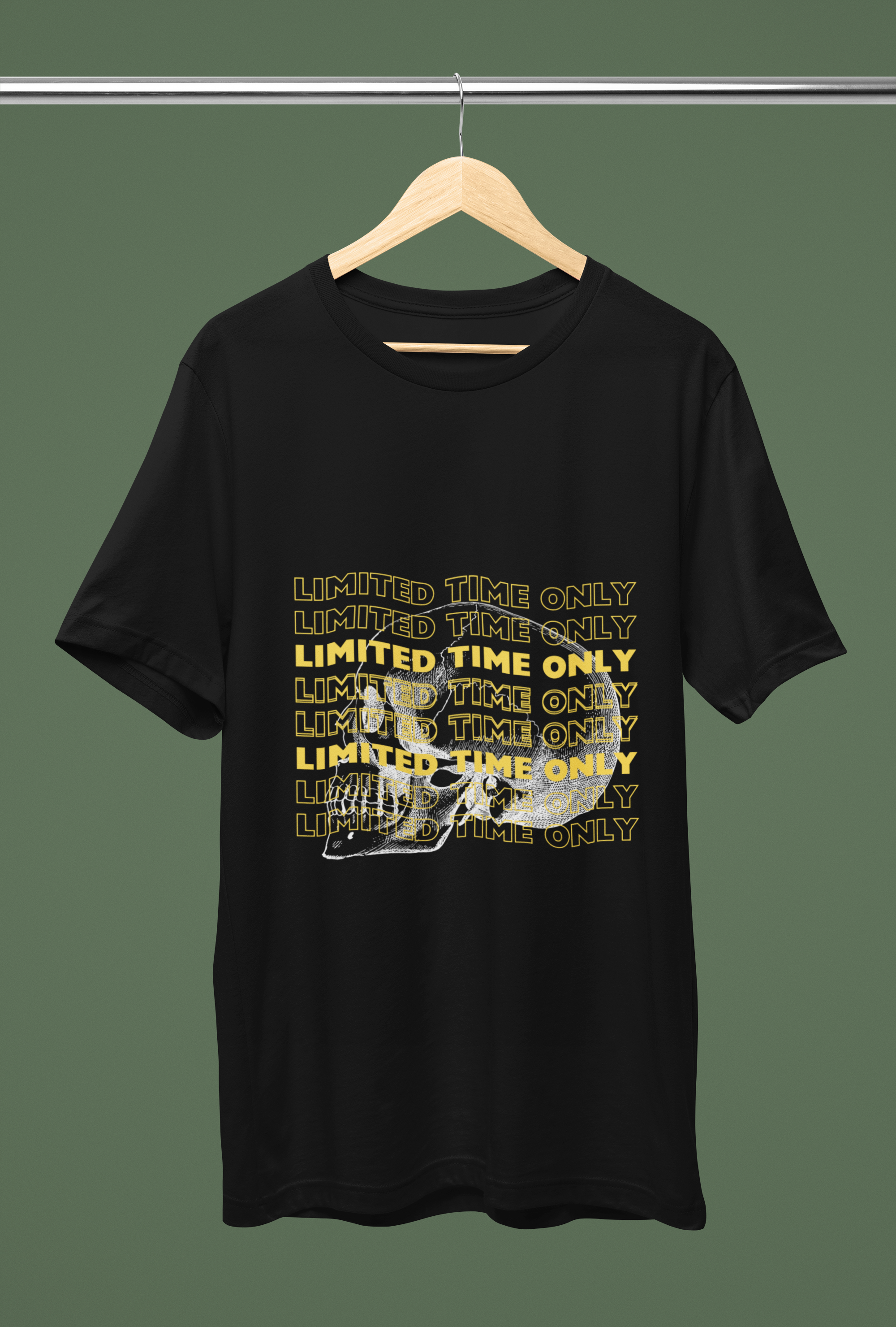 Strike a statement with this limited-edition black tee.  Featuring bold yellow text and a striking skull graphic below, this drop-shoulder t-shirt is a unique addition to any wardrobe. Made from soft and comfortable fabric, it's perfect for everyday wear.  But hurry, this design won't last forever